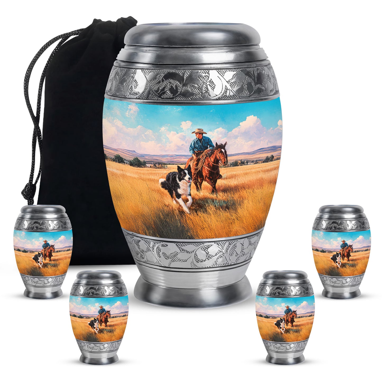Mystic Teal Cowboy Cremation Urn detail view - royal cowboy engraving with decorative scrollwork - memorial set with one large and four small urns