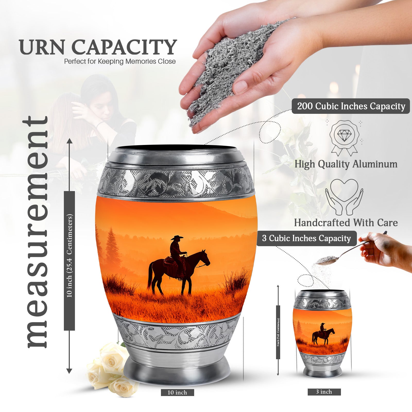 Champagne Gold Cowboy Cremation Urn lifestyle display on memorial shelf - regal cowboy design with crown-inspired accents - mini keepsake memorial for portion of cremation ashes