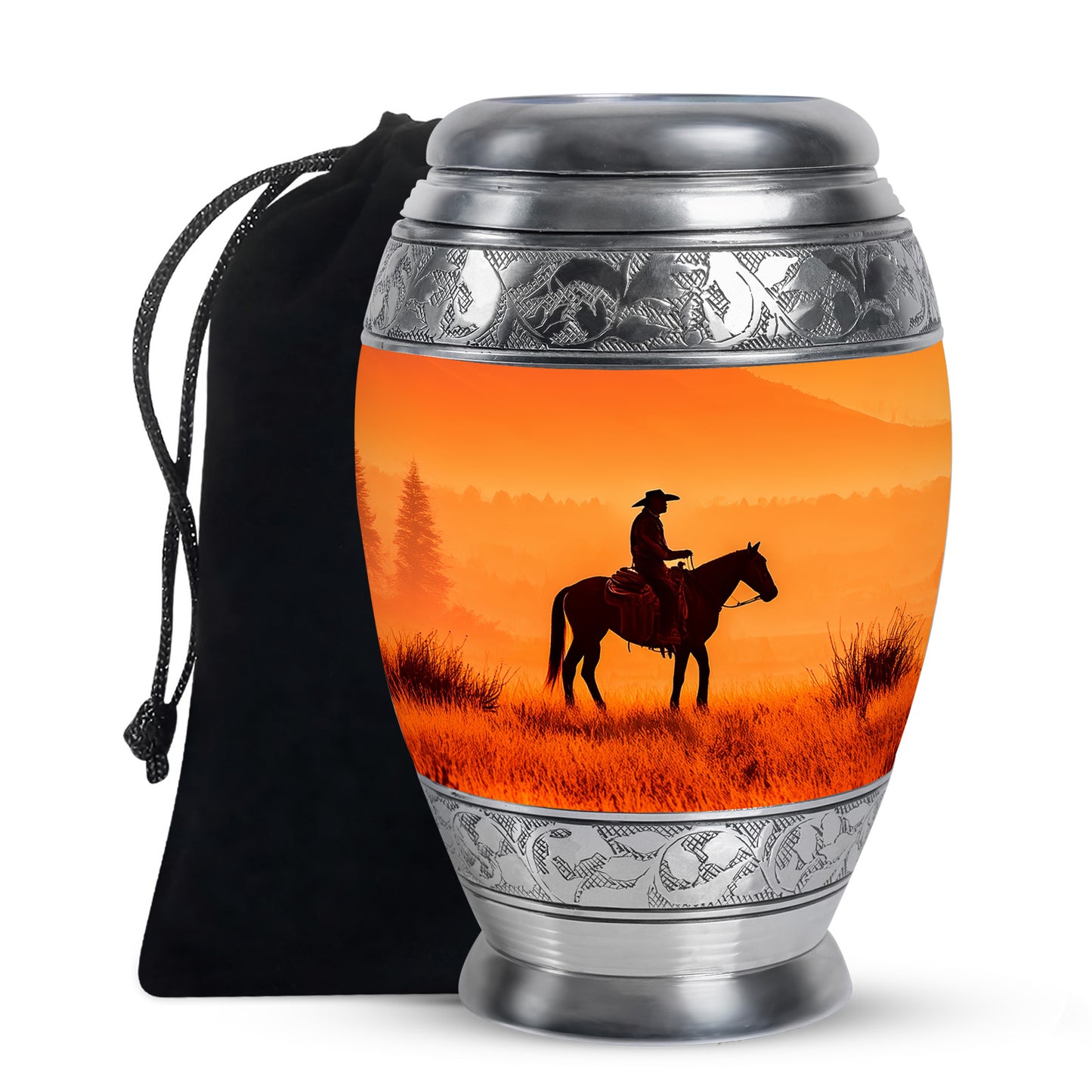 Amber Gold Cowboy Cremation Urn back view with polished surface - ornate monarch-style cowboy relief on brushed aluminum - full-size 10 inch 200 cubic inch adult cremation urn