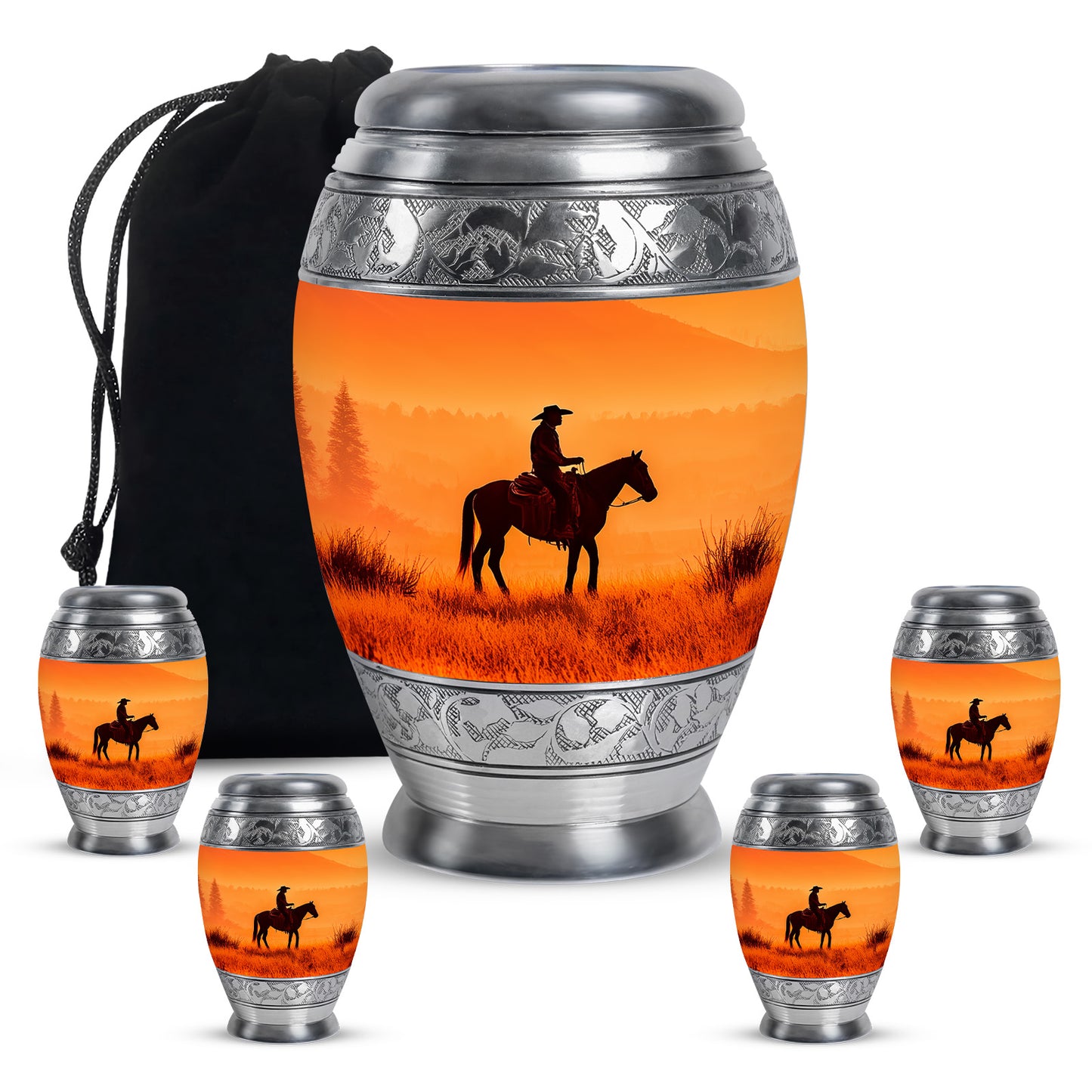 Sunrise Gold Cowboy Cremation Urn detail view - ornate monarch-style cowboy relief on brushed aluminum - memorial set with one large and four small urns