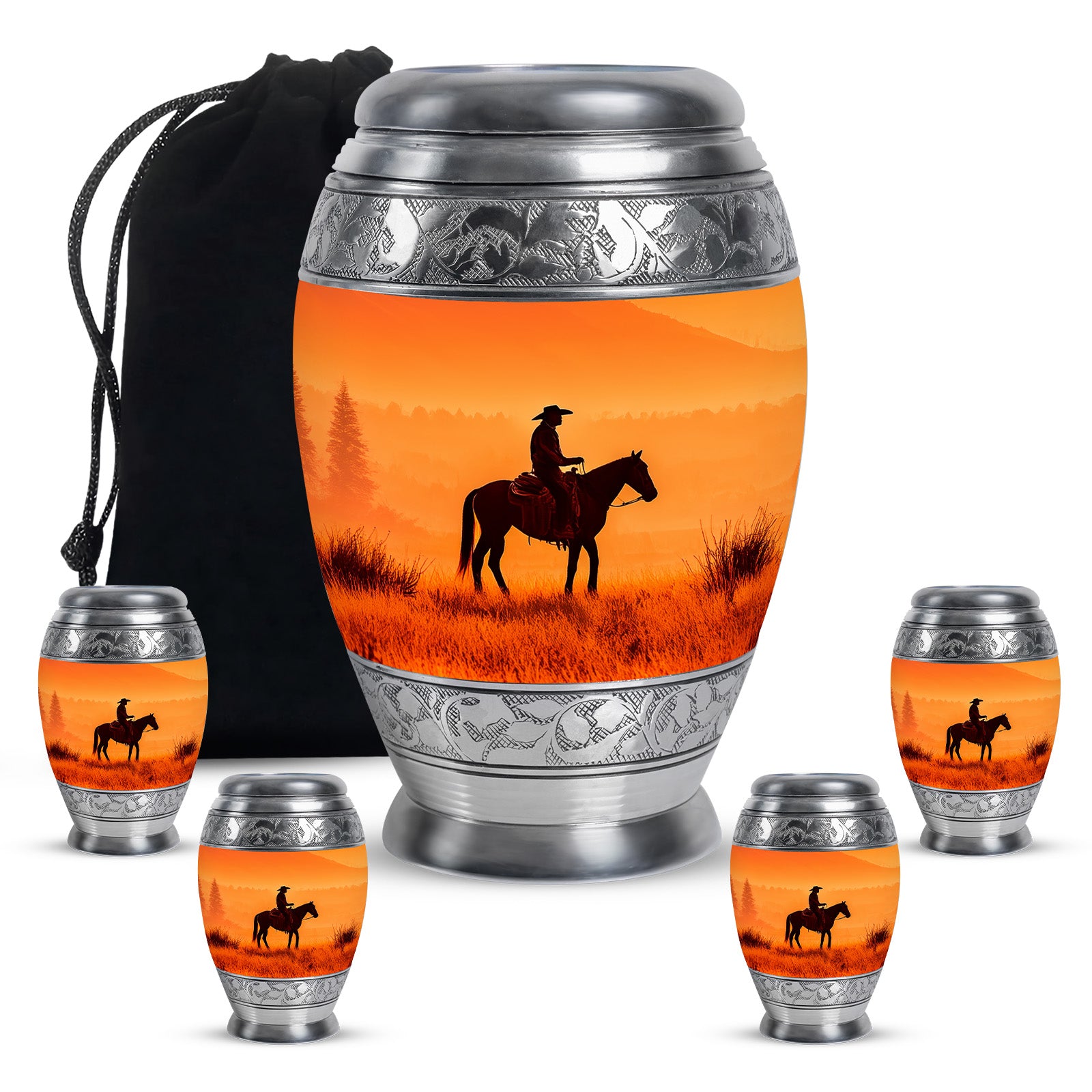 Sunrise Gold Cowboy Cremation Urn detail view - ornate monarch-style cowboy relief on brushed aluminum - memorial set with one large and four small urns