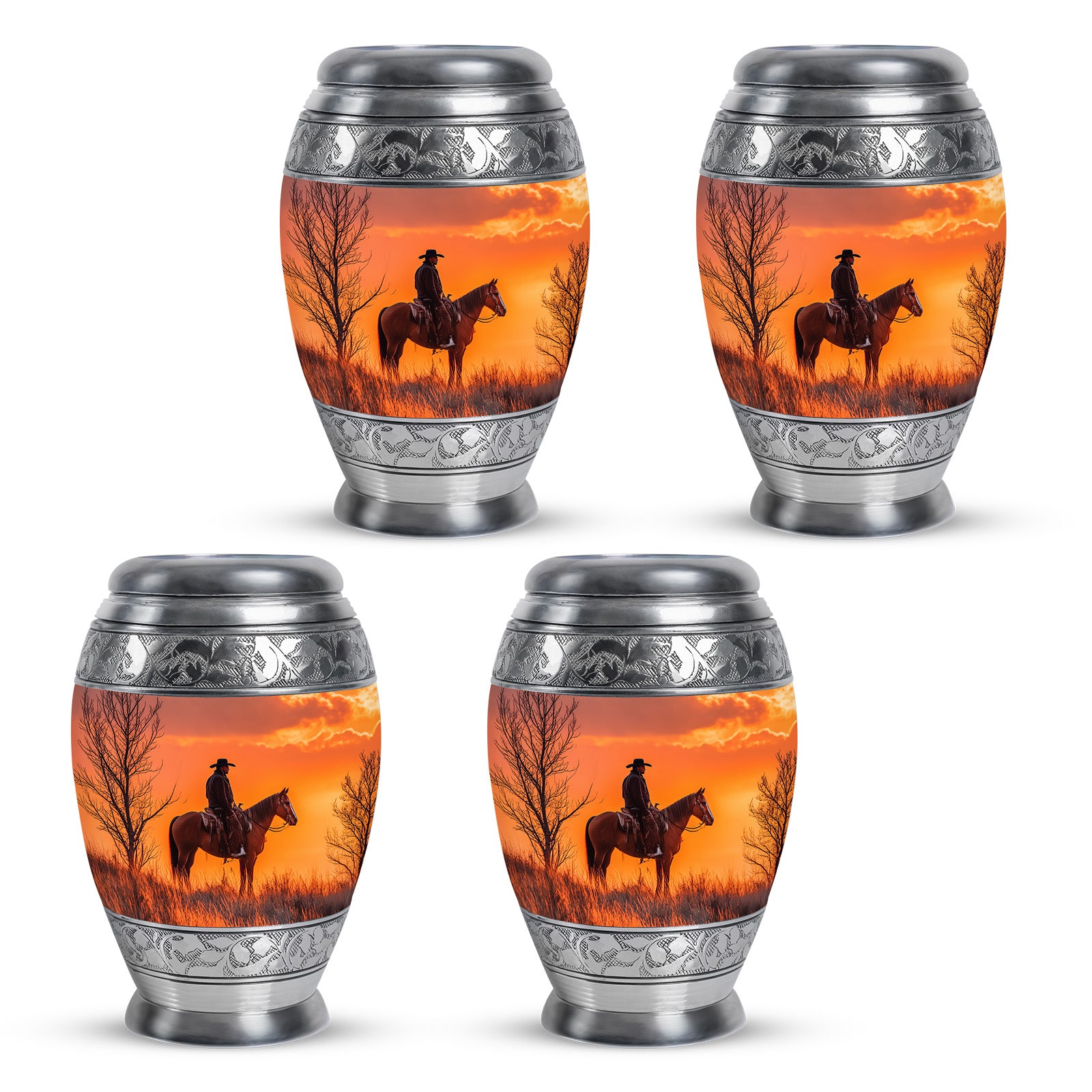 Cherry Red Cowboy Cremation Urn urn with complimentary velvet bag - majestic cowboy pattern with filigree border - 10 inch aluminum urn for cremated remains