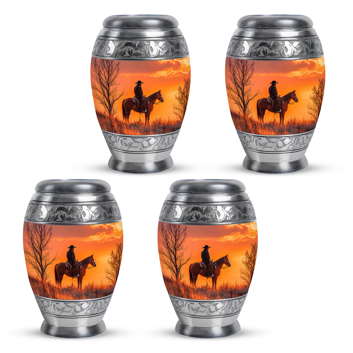 Cherry Red Cowboy Cremation Urn urn with complimentary velvet bag - majestic cowboy pattern with filigree border - 10 inch aluminum urn for cremated remains