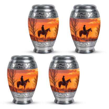 Cherry Red Cowboy Cremation Urn urn with complimentary velvet bag - majestic cowboy pattern with filigree border - 10 inch aluminum urn for cremated remains
