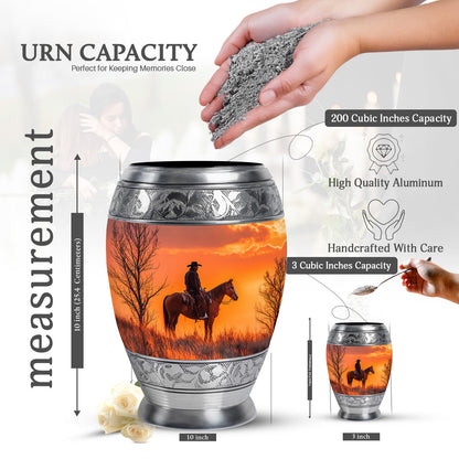 Deep Red Cowboy Cremation Urn lifestyle display on memorial shelf - regal cowboy design with crown-inspired accents - mini keepsake memorial for portion of cremation ashes