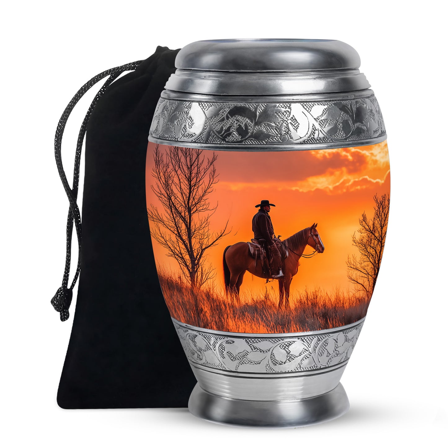 Ruby Red Cowboy Cremation Urn back view with polished surface - royal cowboy engraving with decorative scrollwork - full-size 10 inch 200 cubic inch adult cremation urn
