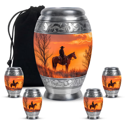Scarlet Red Cowboy Cremation Urn detail view - majestic cowboy pattern with filigree border - memorial set with one large and four small urns
