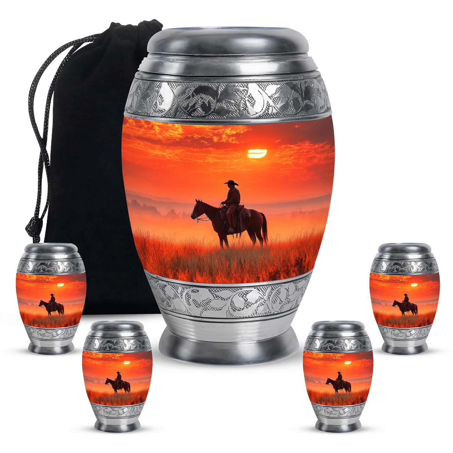 Burgundy Red Cowboy Cremation Urn detail view - regal cowboy design with crown-inspired accents - memorial set with one large and four small urns