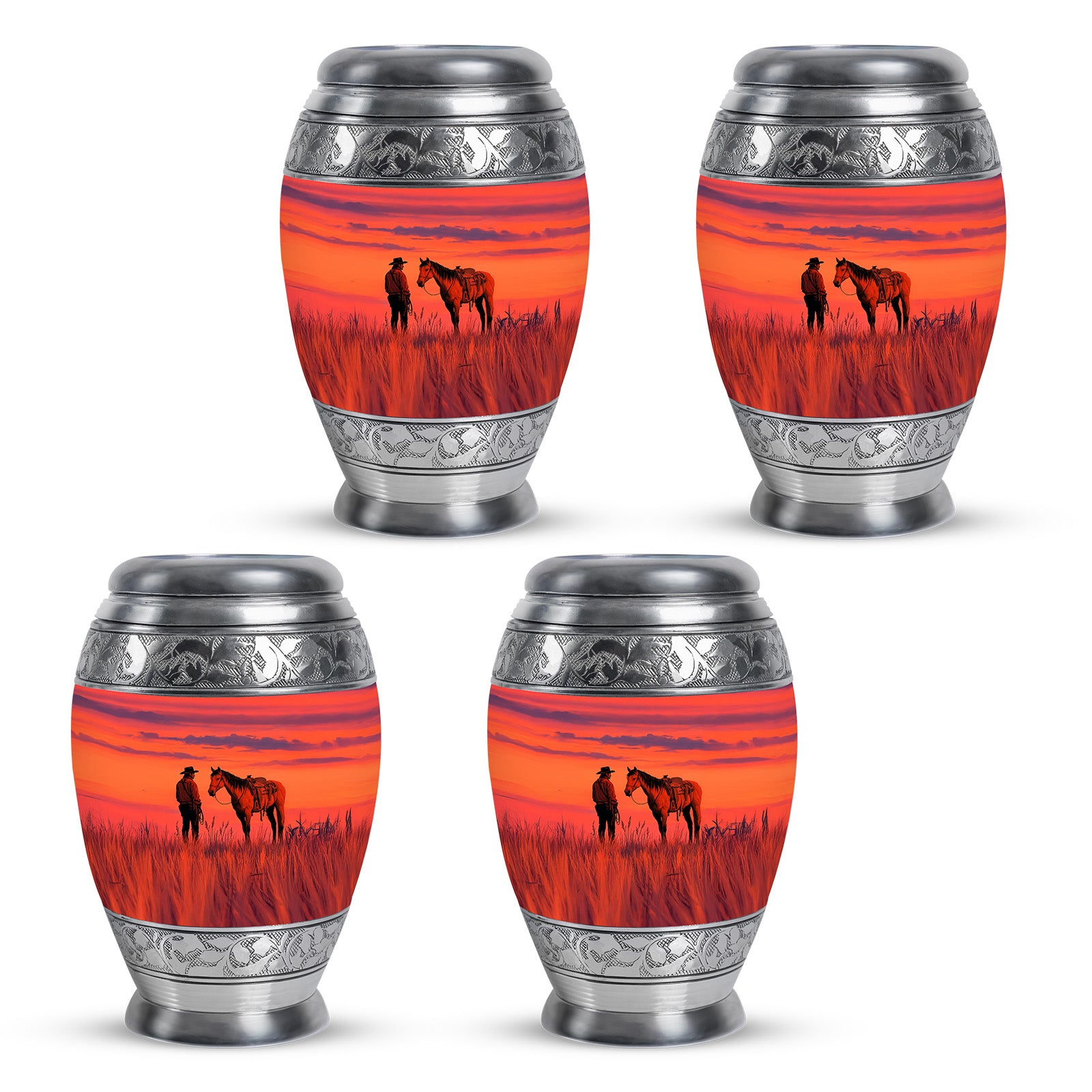 Fiery Red Cowboy Cremation Urn urn with complimentary velvet bag - royal cowboy engraving with decorative scrollwork - 10 inch aluminum urn for cremated remains