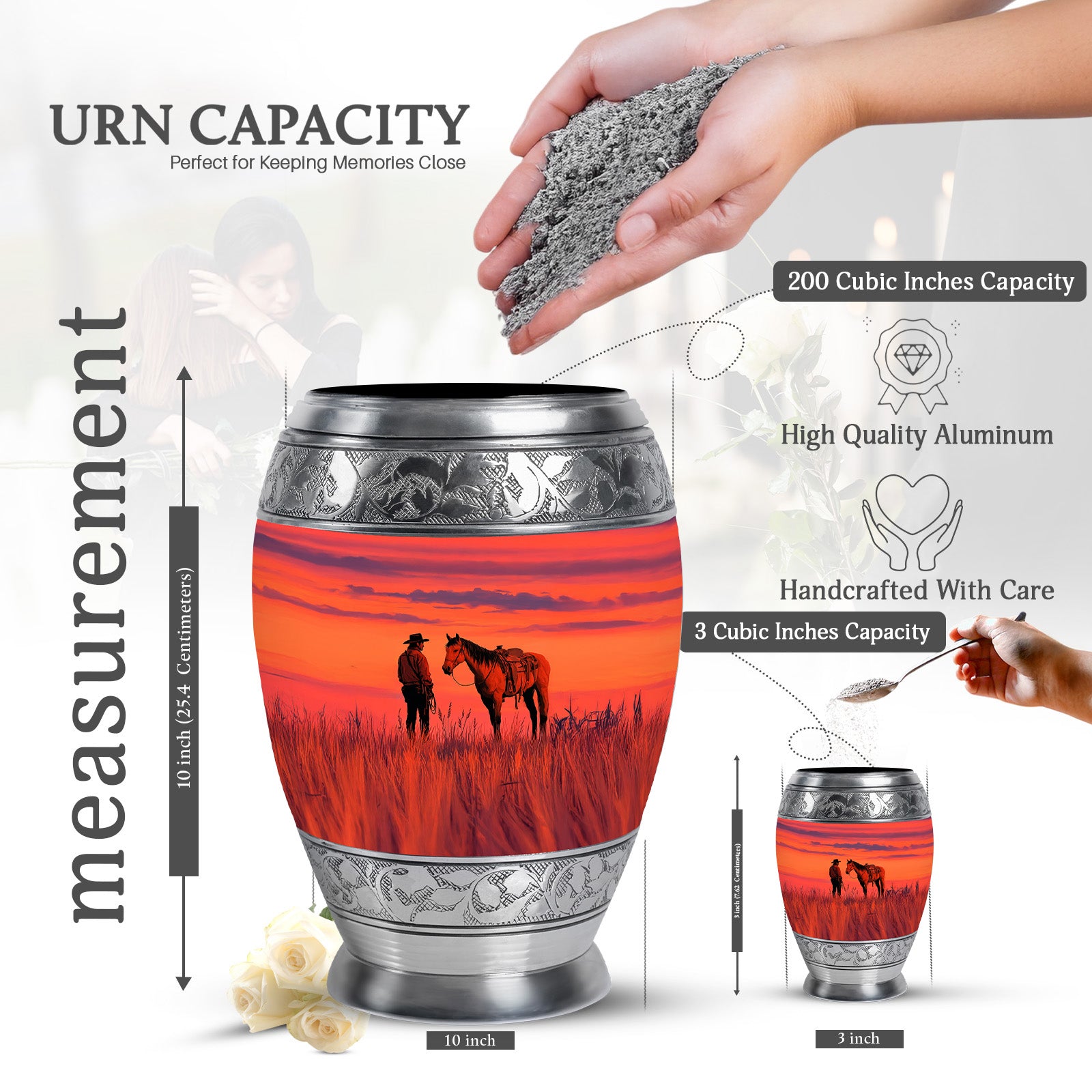 Ruby Red Cowboy Cremation Urn lifestyle display on memorial shelf - royal cowboy engraving with decorative scrollwork - mini keepsake memorial for portion of cremation ashes