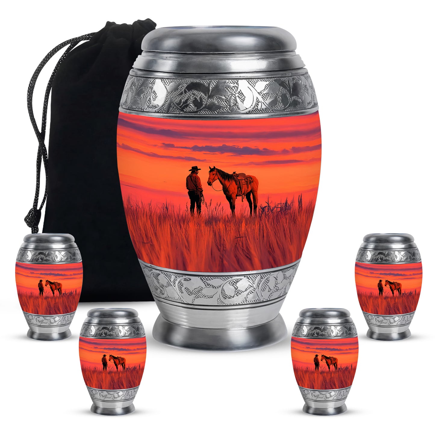 Crimson Red Cowboy Cremation Urn detail view - regal cowboy design with crown-inspired accents - memorial set with one large and four small urns