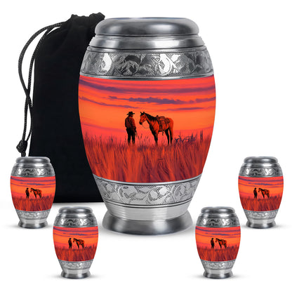 Crimson Red Cowboy Cremation Urn detail view - regal cowboy design with crown-inspired accents - memorial set with one large and four small urns
