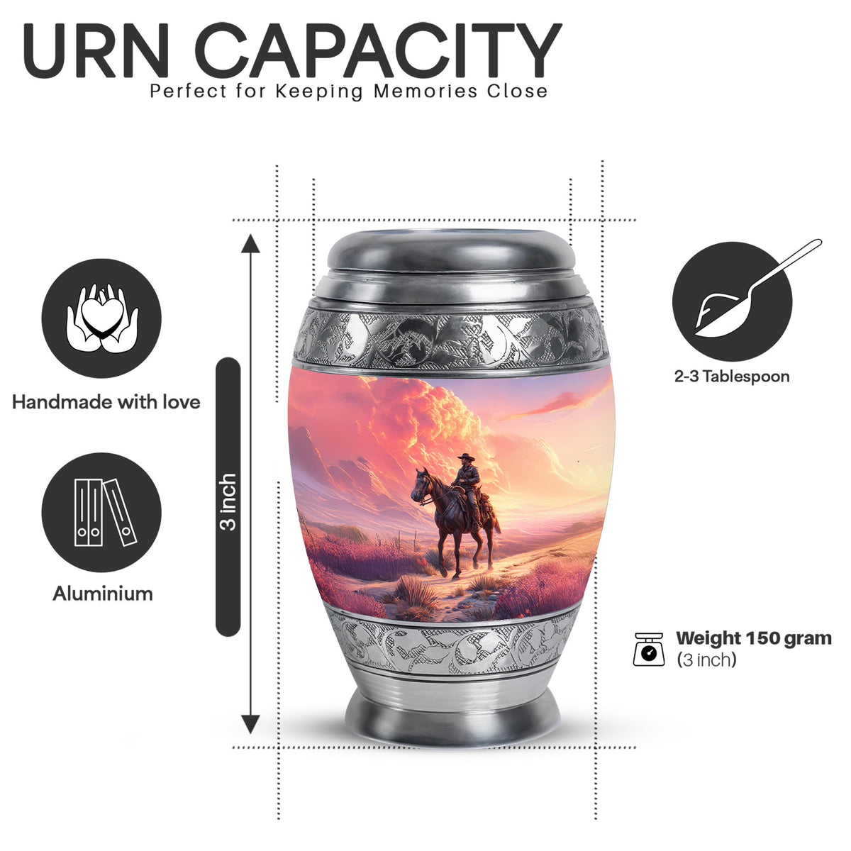 Steel Blue Cowboy Cremation Urn lifestyle display on memorial shelf - royal cowboy engraving with decorative scrollwork - mini keepsake memorial for portion of cremation ashes