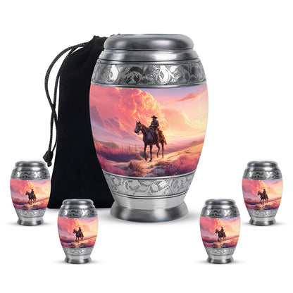 Sapphire Blue Cowboy Cremation Urn detail view - majestic cowboy pattern with filigree border - memorial set with one large and four small urns