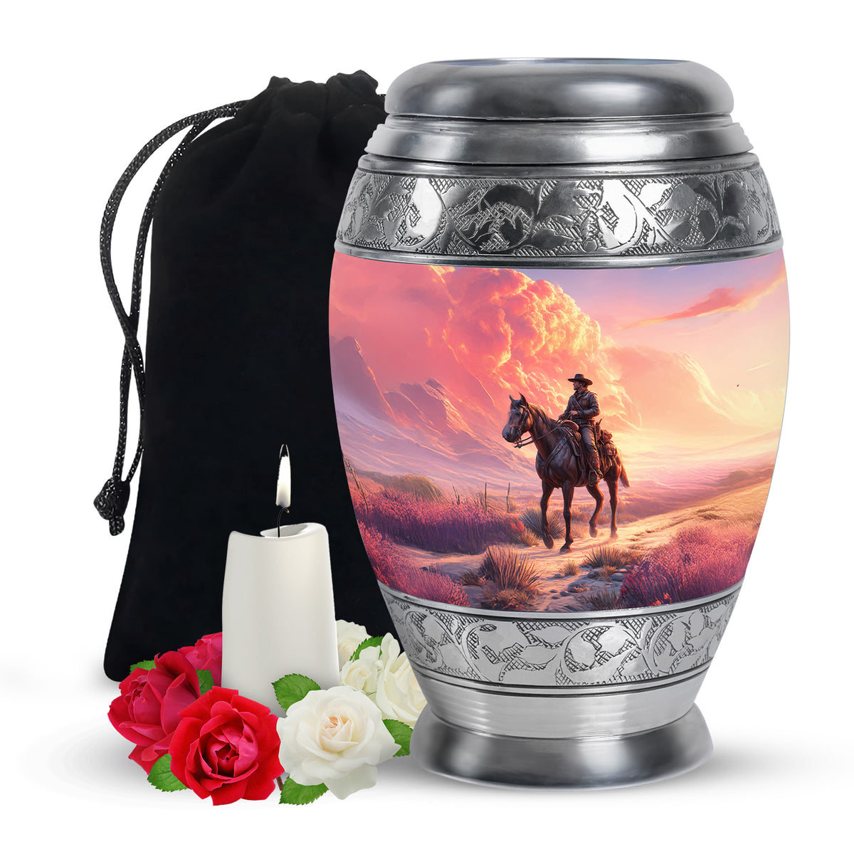 Azure Cowboy Cremation Urn back view with polished surface - regal cowboy design with crown-inspired accents - full-size 10 inch 200 cubic inch adult cremation urn