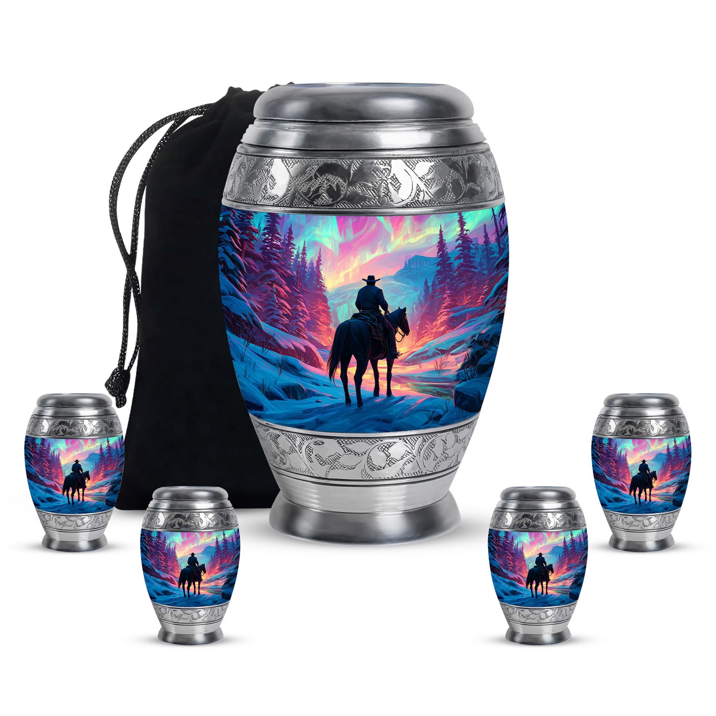 Blush Pink Cowboy Cremation Urn detail view - ornate monarch-style cowboy relief on brushed aluminum - memorial set with one large and four small urns
