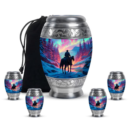 Blush Pink Cowboy Cremation Urn detail view - ornate monarch-style cowboy relief on brushed aluminum - memorial set with one large and four small urns