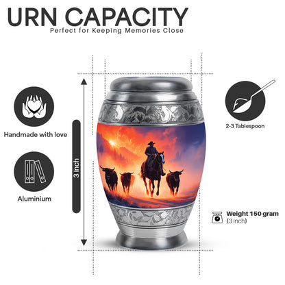 Grape Purple Cowboy Cremation Urn lifestyle display on memorial shelf - majestic cowboy pattern with filigree border - mini keepsake memorial for portion of cremation ashes