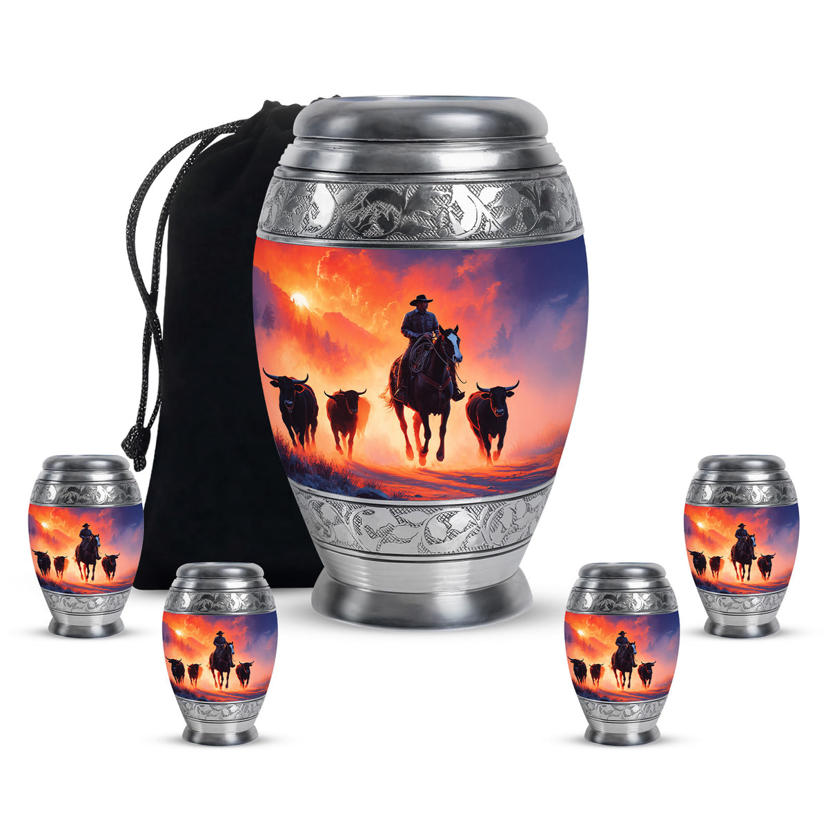 Amethyst Purple Cowboy Cremation Urn detail view - regal cowboy design with crown-inspired accents - memorial set with one large and four small urns
