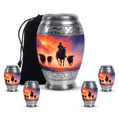 Amethyst Purple Cowboy Cremation Urn detail view - regal cowboy design with crown-inspired accents - memorial set with one large and four small urns