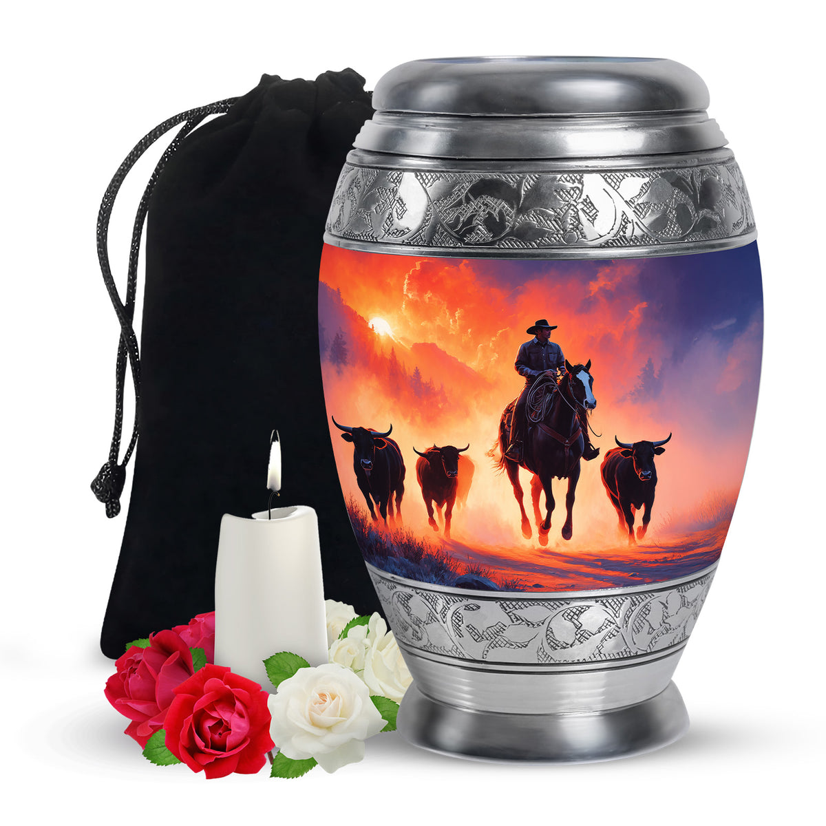 Majestic Purple Cowboy Cremation Urn back view with polished surface - ornate monarch-style cowboy relief on brushed aluminum - full-size 10 inch 200 cubic inch adult cremation urn