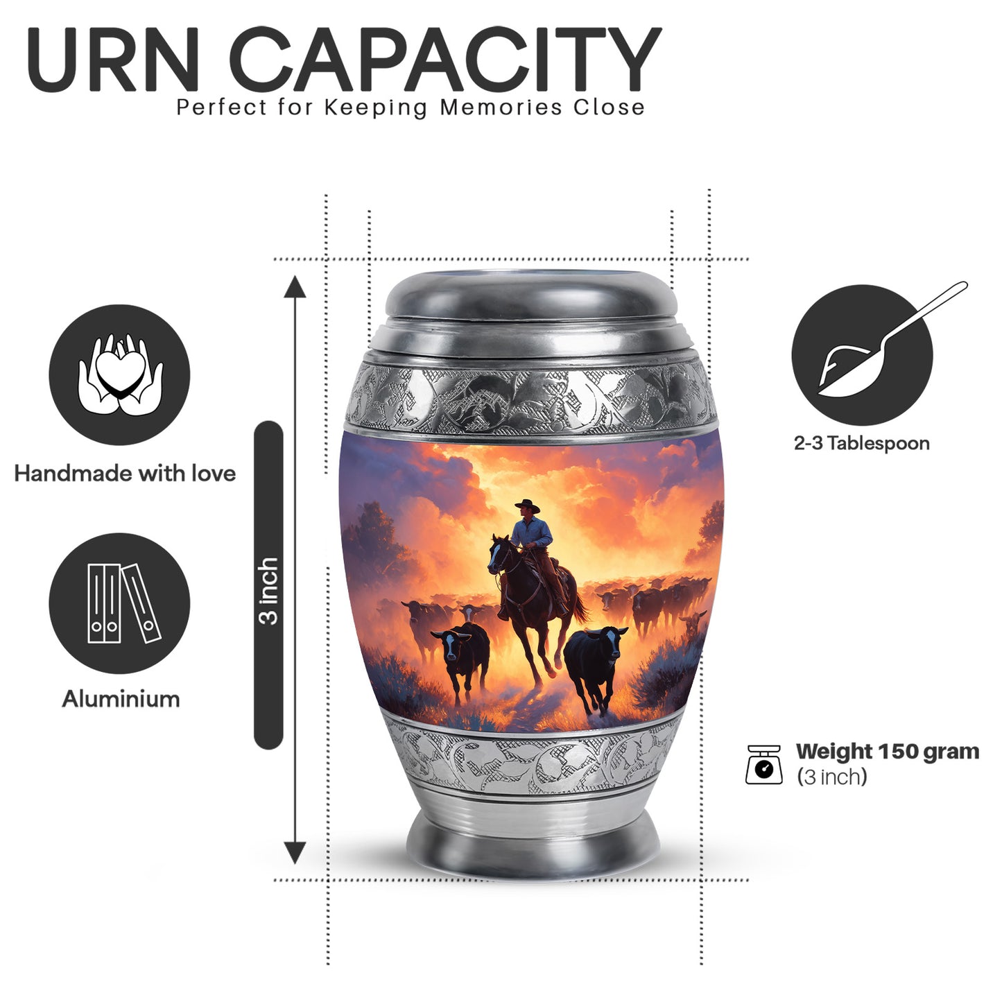 Royal Purple Cowboy Cremation Urn lifestyle display on memorial shelf - royal cowboy engraving with decorative scrollwork - mini keepsake memorial for portion of cremation ashes
