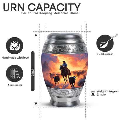 Royal Purple Cowboy Cremation Urn lifestyle display on memorial shelf - royal cowboy engraving with decorative scrollwork - mini keepsake memorial for portion of cremation ashes