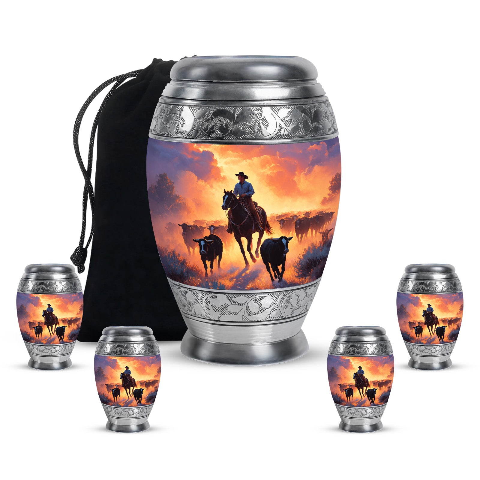 Majestic Purple Cowboy Cremation Urn detail view - regal cowboy design with crown-inspired accents - memorial set with one large and four small urns