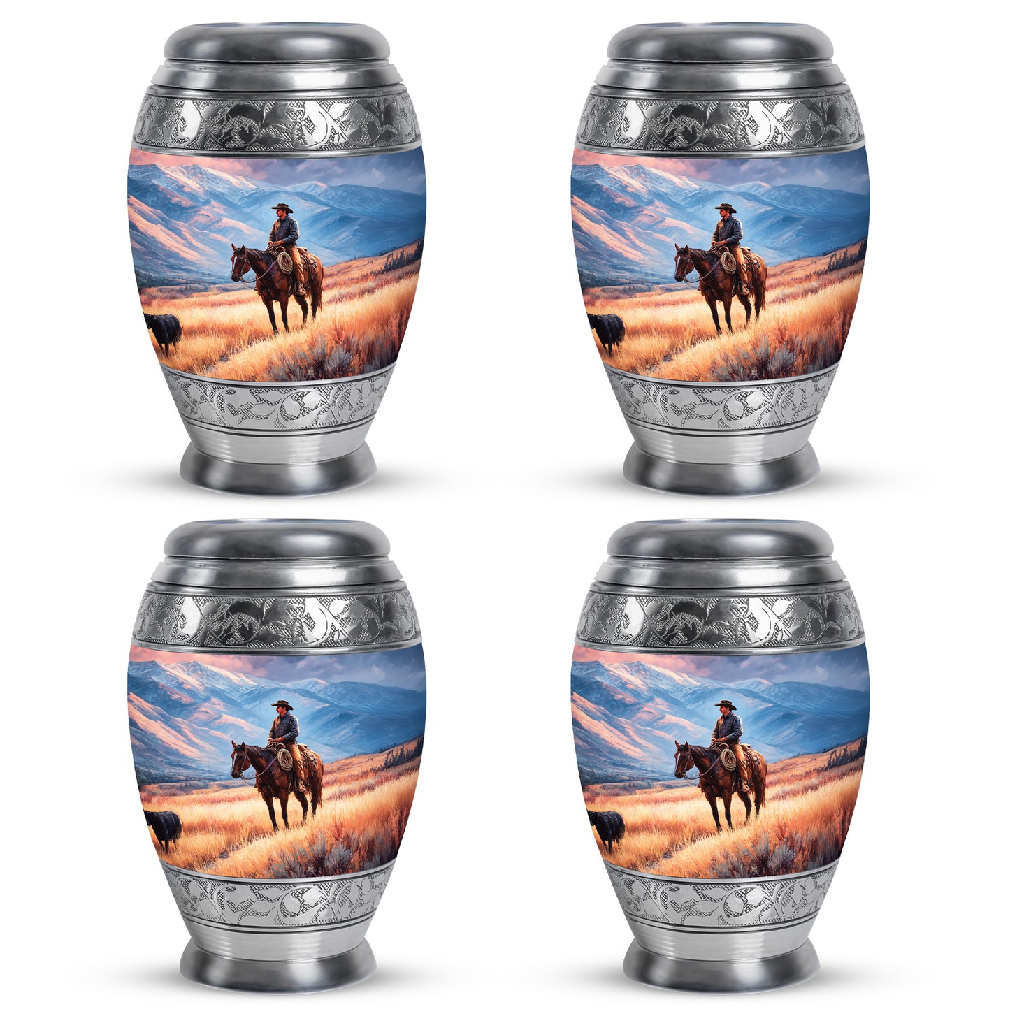 Misty Blue Cowboy Cremation Urn urn with complimentary velvet bag - ornate monarch-style cowboy relief on brushed aluminum - 10 inch aluminum urn for cremated remains