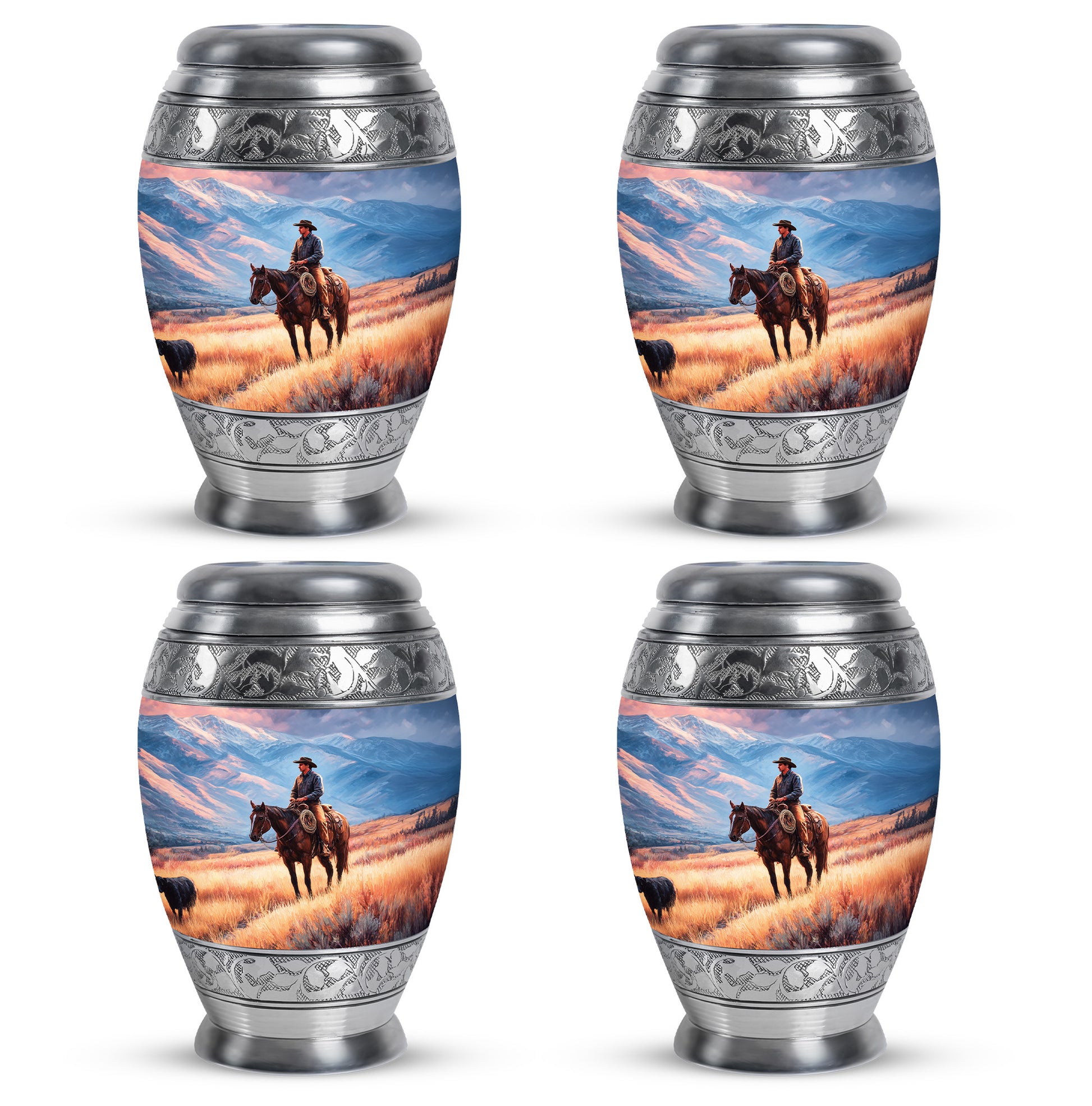 Misty Blue Cowboy Cremation Urn urn with complimentary velvet bag - ornate monarch-style cowboy relief on brushed aluminum - 10 inch aluminum urn for cremated remains
