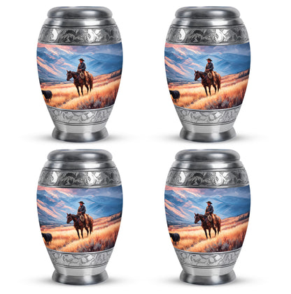 Misty Blue Cowboy Cremation Urn urn with complimentary velvet bag - ornate monarch-style cowboy relief on brushed aluminum - 10 inch aluminum urn for cremated remains