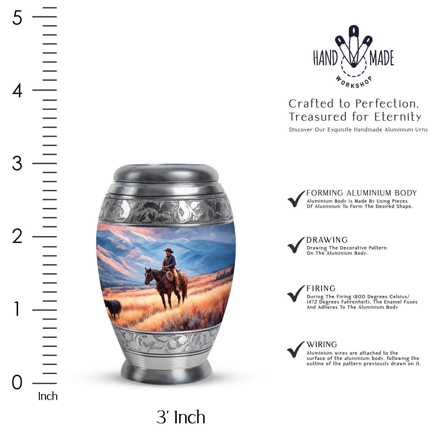 Slate Blue Cowboy Cremation Urn lifestyle display on memorial shelf - ornate monarch-style cowboy relief on brushed aluminum - mini keepsake memorial for portion of cremation ashes