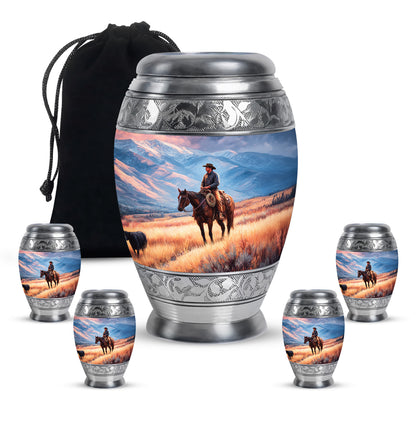 Azure Cowboy Cremation Urn detail view - ornate monarch-style cowboy relief on brushed aluminum - memorial set with one large and four small urns