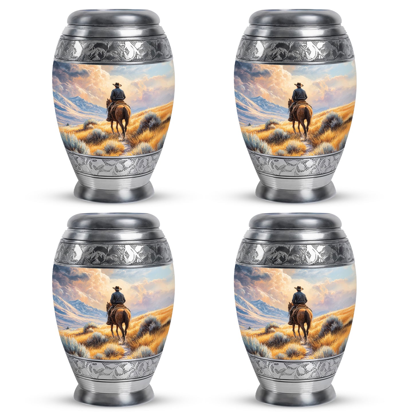 Matte Gold Cowboy Cremation Urn urn with complimentary velvet bag - majestic cowboy pattern with filigree border - 10 inch aluminum urn for cremated remains