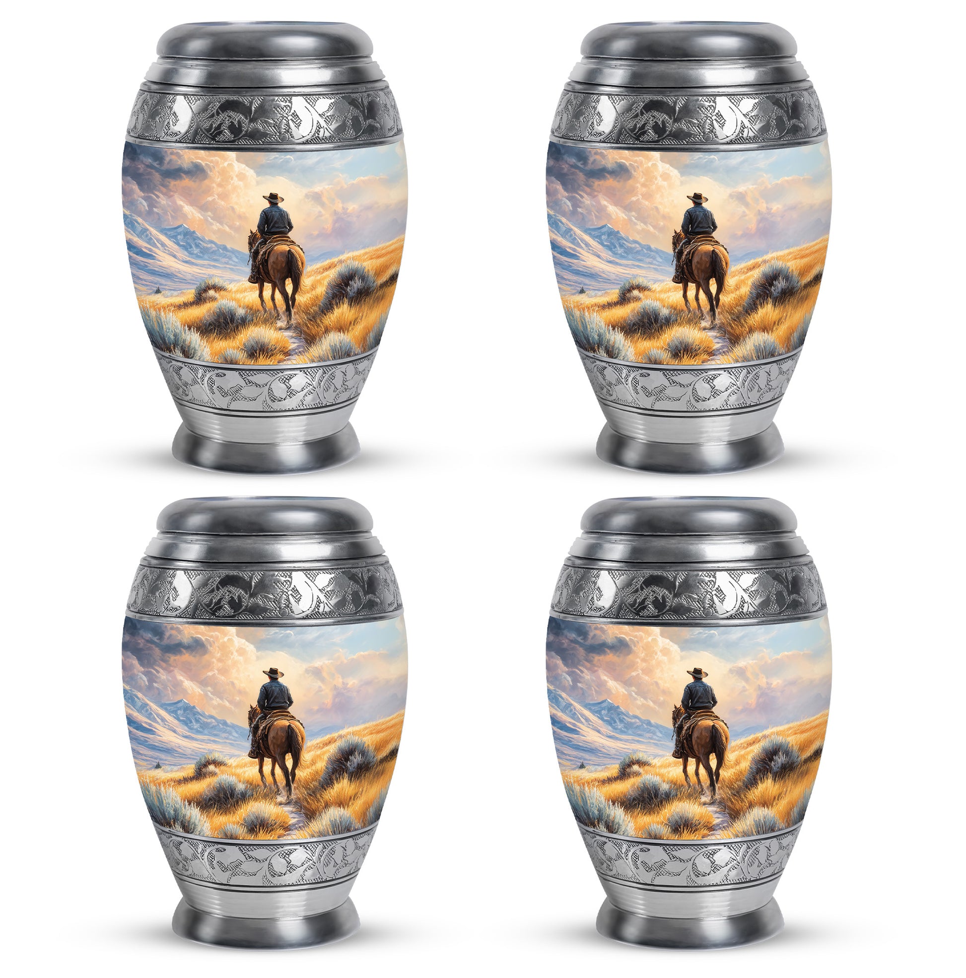 Matte Gold Cowboy Cremation Urn urn with complimentary velvet bag - majestic cowboy pattern with filigree border - 10 inch aluminum urn for cremated remains