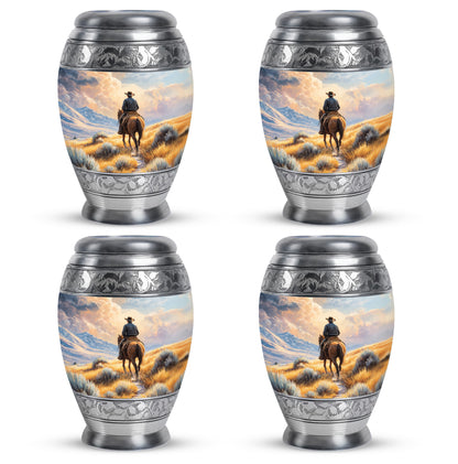 Matte Gold Cowboy Cremation Urn urn with complimentary velvet bag - majestic cowboy pattern with filigree border - 10 inch aluminum urn for cremated remains