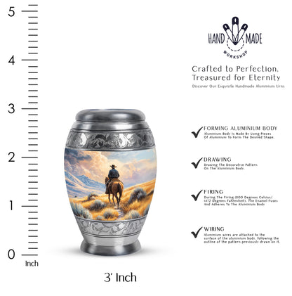 Sunrise Gold Cowboy Cremation Urn lifestyle display on memorial shelf - regal cowboy design with crown-inspired accents - mini keepsake memorial for portion of cremation ashes