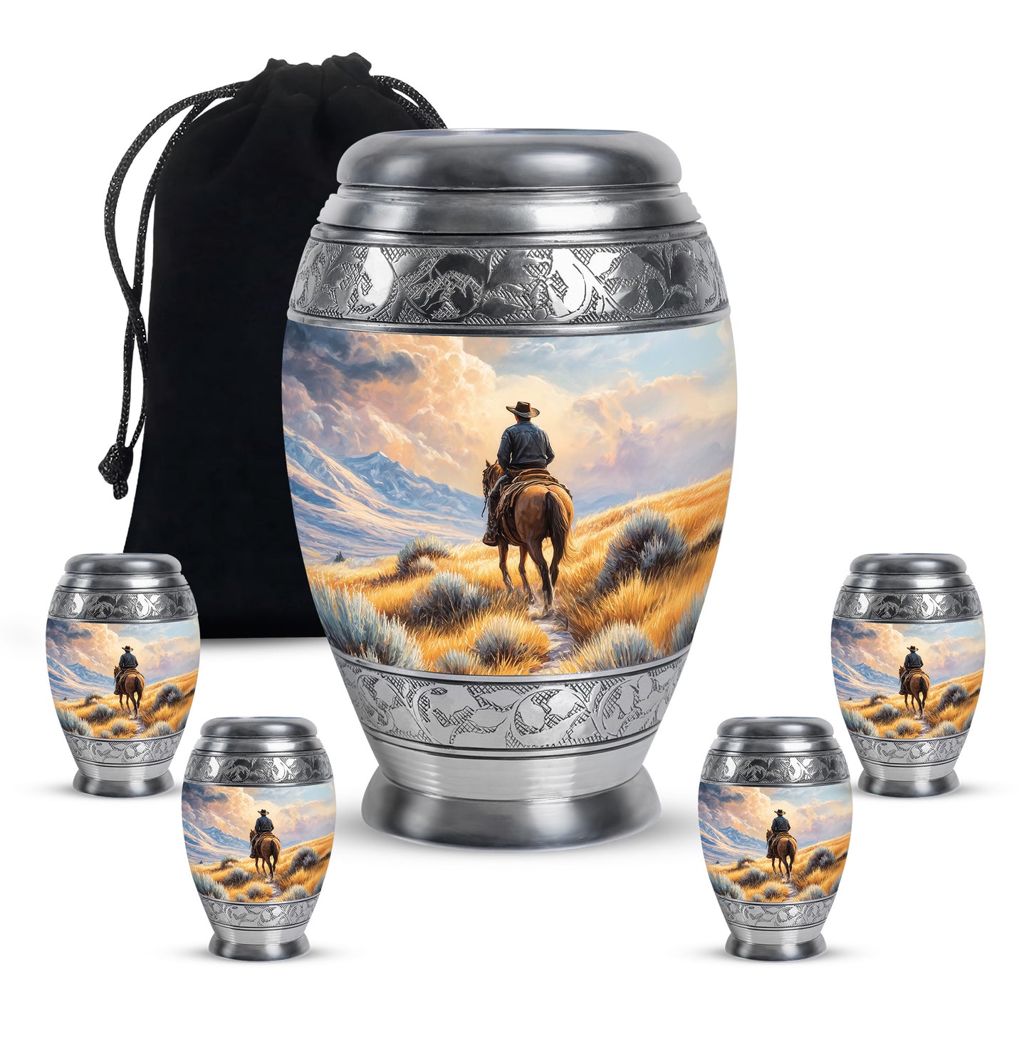 Champagne Gold Cowboy Cremation Urn detail view - regal cowboy design with crown-inspired accents - memorial set with one large and four small urns