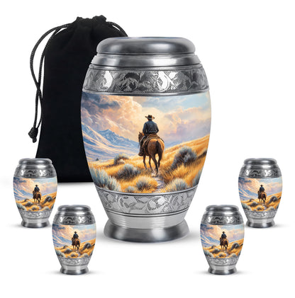 Champagne Gold Cowboy Cremation Urn detail view - regal cowboy design with crown-inspired accents - memorial set with one large and four small urns