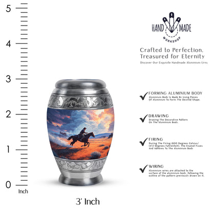 Slate Blue Cowboy Cremation Urn lifestyle display on memorial shelf - regal cowboy design with crown-inspired accents - mini keepsake memorial for portion of cremation ashes