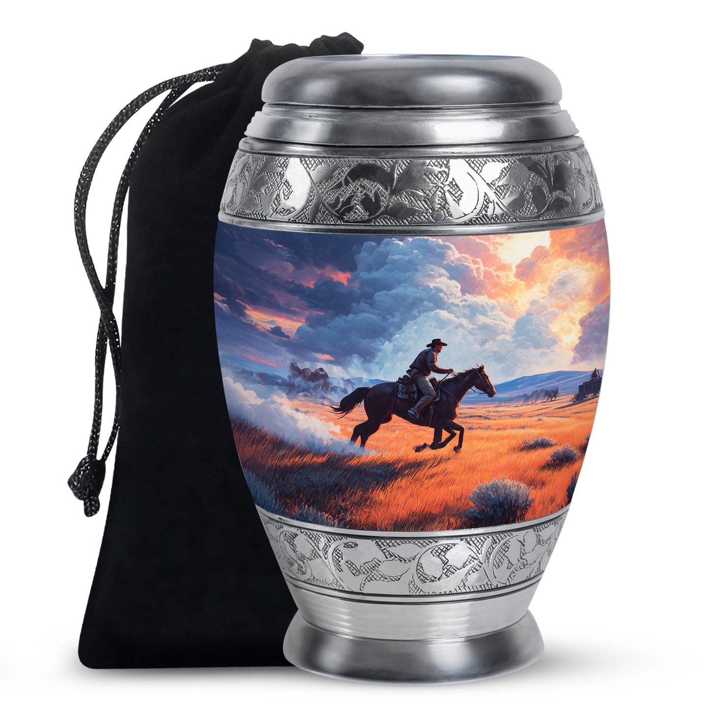 Steel Blue Cowboy Cremation Urn back view with polished surface - majestic cowboy pattern with filigree border - full-size 10 inch 200 cubic inch adult cremation urn