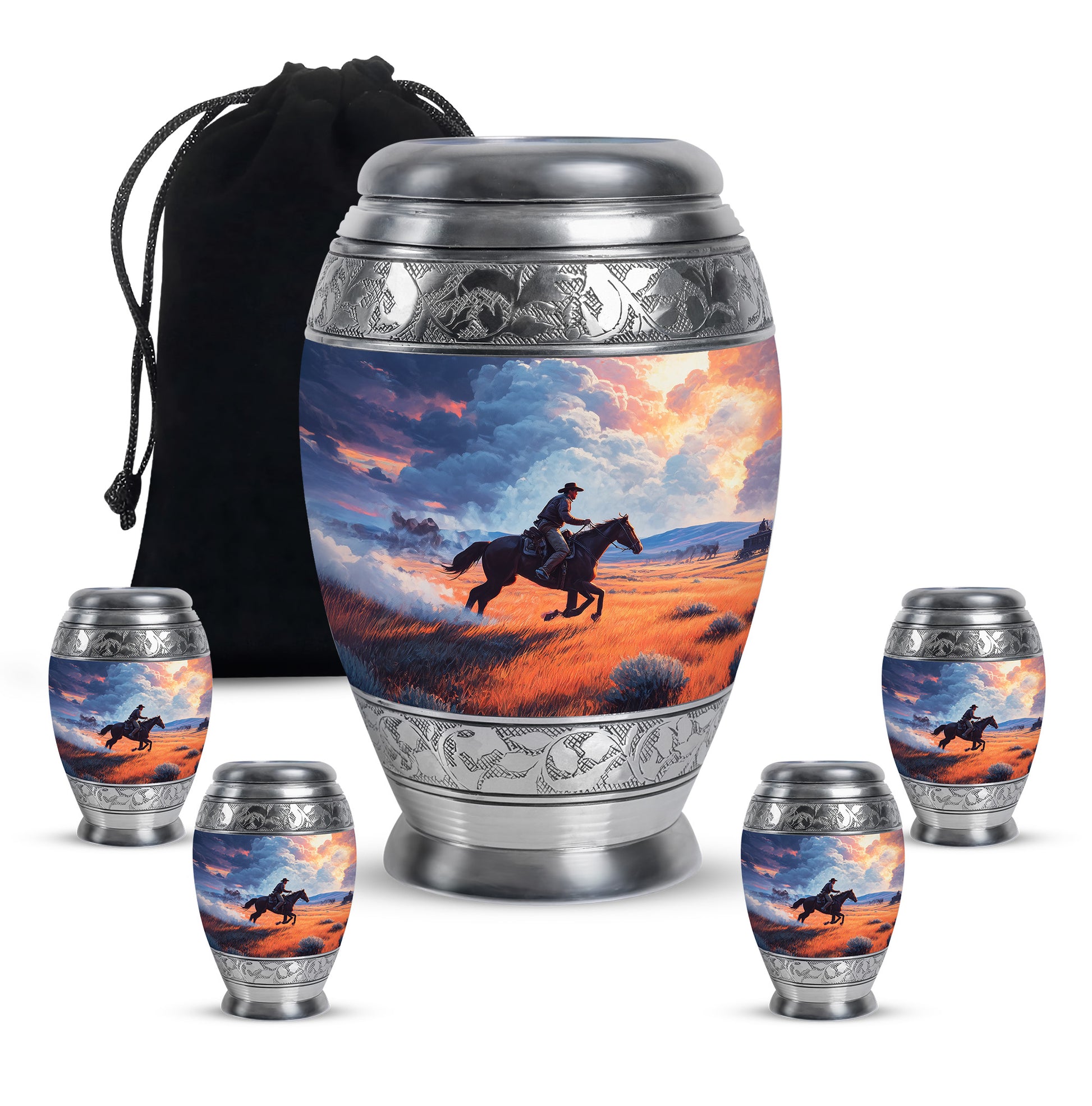 Vivid Blue Cowboy Cremation Urn detail view - majestic cowboy pattern with filigree border - memorial set with one large and four small urns