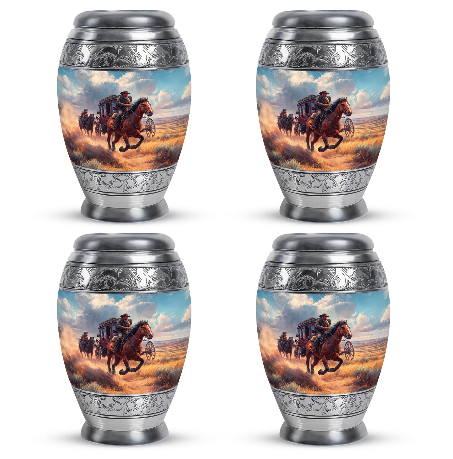 Indigo Cowboy Cremation Urn urn with complimentary velvet bag - ornate monarch-style cowboy relief on brushed aluminum - 10 inch aluminum urn for cremated remains