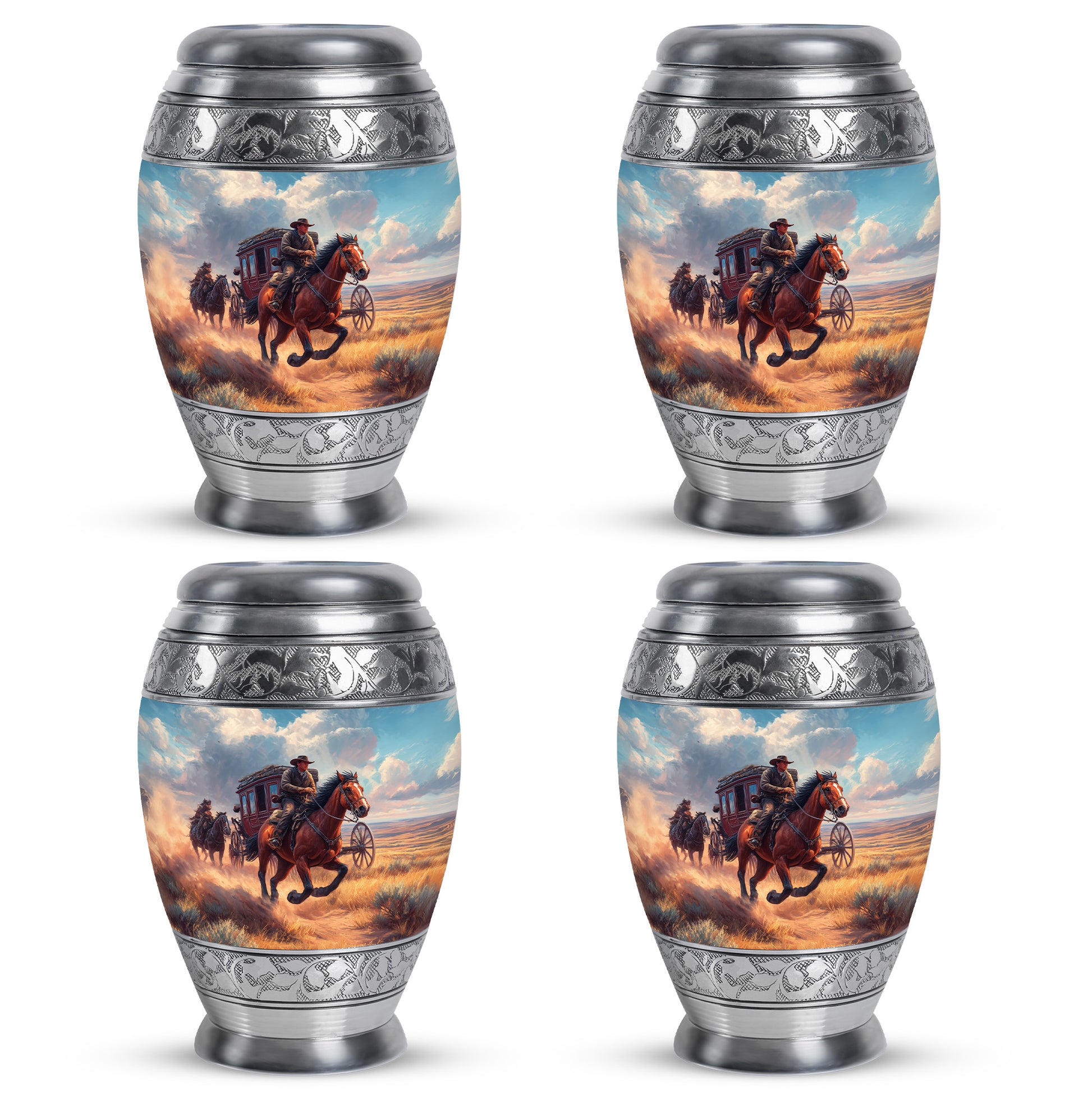 Indigo Cowboy Cremation Urn urn with complimentary velvet bag - ornate monarch-style cowboy relief on brushed aluminum - 10 inch aluminum urn for cremated remains