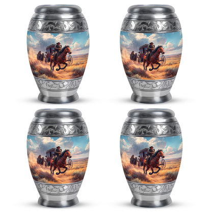 Indigo Cowboy Cremation Urn urn with complimentary velvet bag - ornate monarch-style cowboy relief on brushed aluminum - 10 inch aluminum urn for cremated remains