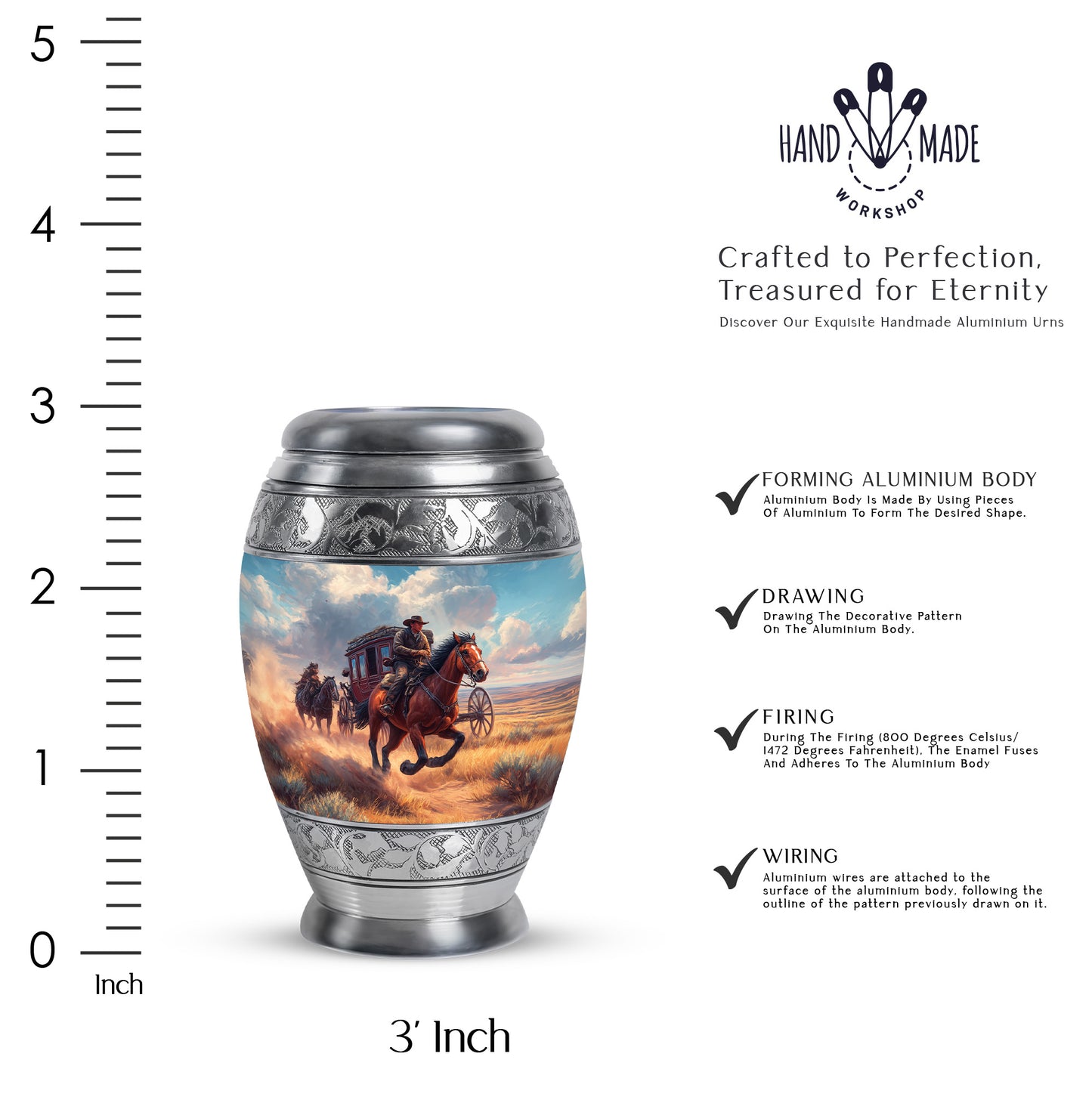 Azure Cowboy Cremation Urn lifestyle display on memorial shelf - regal cowboy design with crown-inspired accents - mini keepsake memorial for portion of cremation ashes