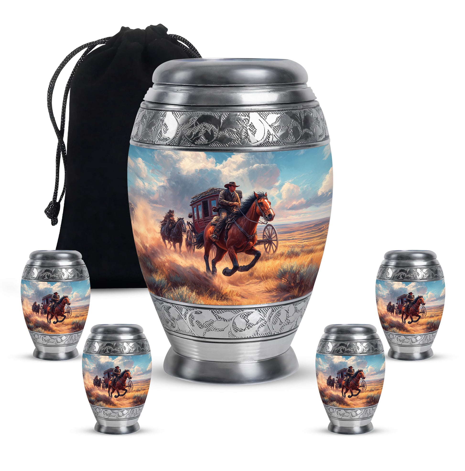 Misty Blue Cowboy Cremation Urn detail view - ornate monarch-style cowboy relief on brushed aluminum - memorial set with one large and four small urns