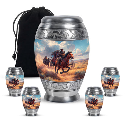 Misty Blue Cowboy Cremation Urn detail view - ornate monarch-style cowboy relief on brushed aluminum - memorial set with one large and four small urns