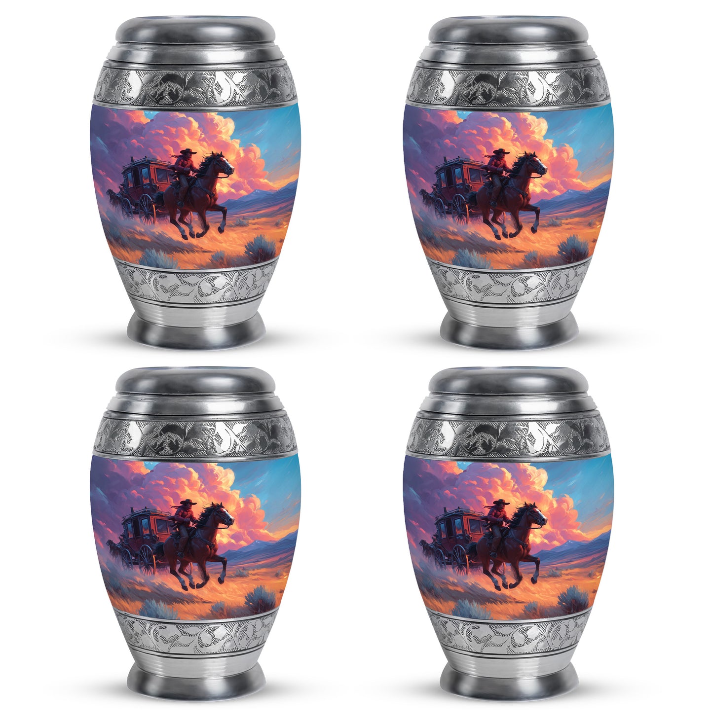Twilight Blue Cowboy Cremation Urn urn with complimentary velvet bag - royal cowboy engraving with decorative scrollwork - 10 inch aluminum urn for cremated remains