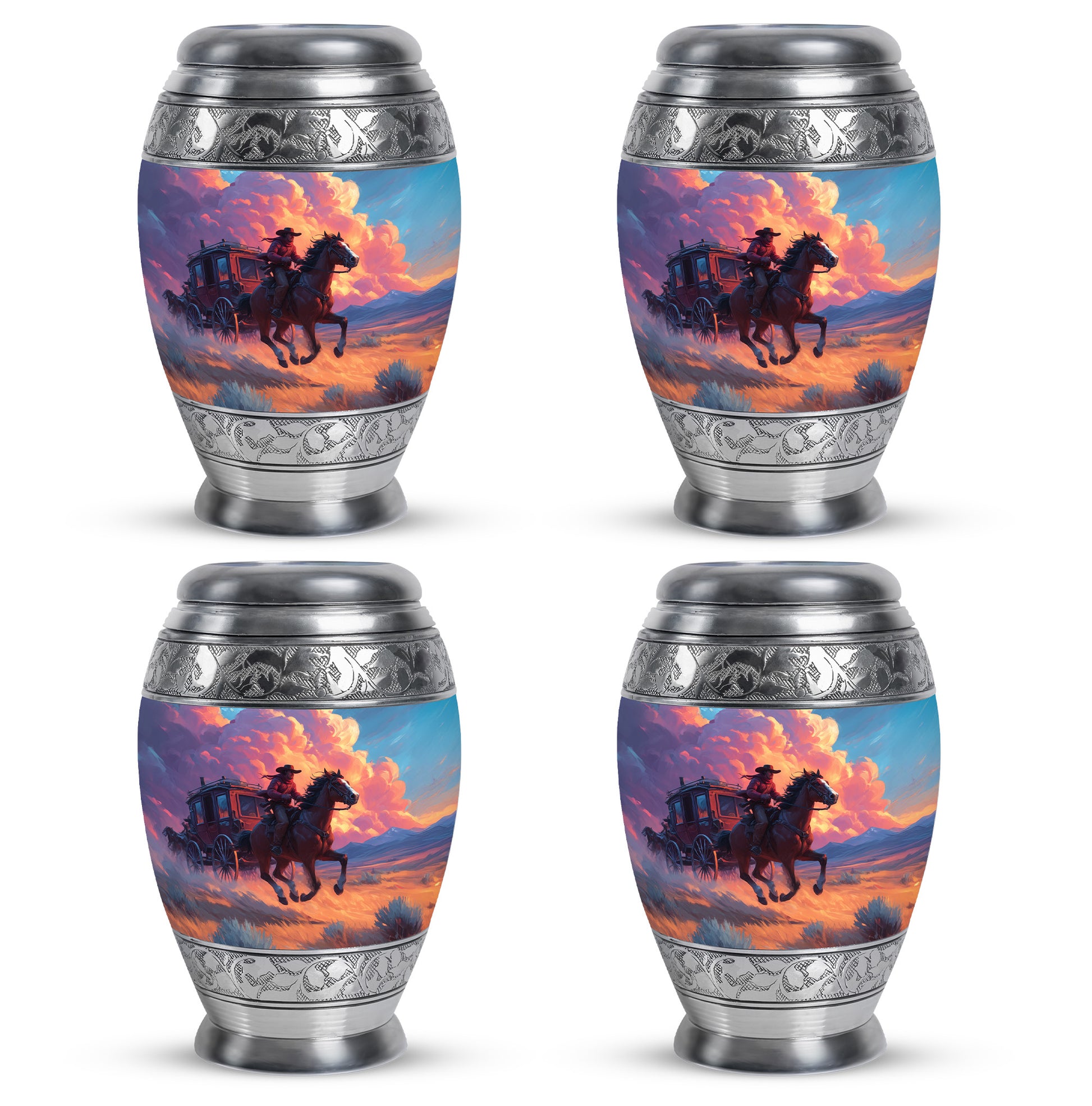 Twilight Blue Cowboy Cremation Urn urn with complimentary velvet bag - royal cowboy engraving with decorative scrollwork - 10 inch aluminum urn for cremated remains